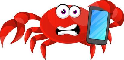 krab met mobiel telefoon, illustratie, vector Aan wit achtergrond.