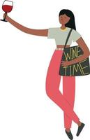 vector illustratie van een jong vrouw met een glas van wijn, grappig belettering wijn tijd, tekenfilm meisje wijn minnaar