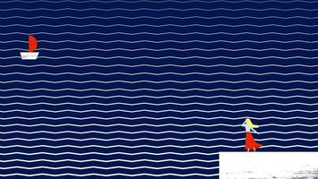 vector illustratie met abstract zee achtergrond. assol meisje staat Aan de kust en looks Bij de rood zeil Aan de schip. abstract marine blauw zee met zigzag patroon