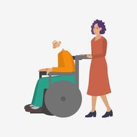 vrouw verzorger wandelen met een rolstoel met een ouderen Mens in de park in een groot stad. helpen en zorg voor gepensioneerden en ziek mensen. verzorgers onderhoud vector