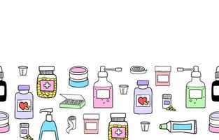 naadloos grens met apotheek en geneeskunde symbolen. achtergrond met eerste steun elementen. hand- getrokken tekening stijl vector illustratie