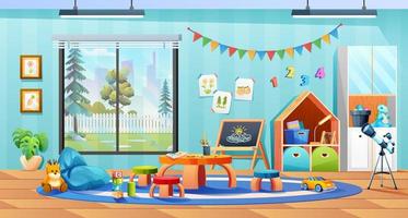 kleuterschool kamer met meubilair en speelgoed vector tekenfilm illustratie