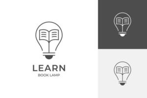 lijn licht lamp aan het leren logo ontwerp. lezing boek met lamp licht logo icoon symbool. Open boek met gloeilamp vector icoon element voor kennis, begrip wijsheid in studie