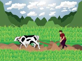 de boer is Bij werk ploegen de velden met zijn koeien vector