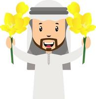 Arabisch mannen met geel bloemen, illustratie, vector Aan wit achtergrond.
