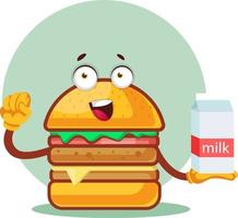 hamburger is Holding een melk, illustratie, vector Aan wit achtergrond.