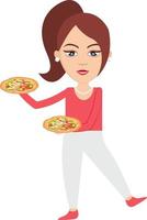 vrouw Holding pizza, illustratie, vector Aan wit achtergrond.