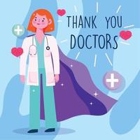 bedankt u dokters, vrouw arts met kaap karakter, liefde harten vector