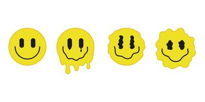 psychedelisch geel druppelen smelten smiley set. trippy vloeistof gezicht met glimlach. illusie, surrealistische creatief gelukkig teken. vector illustratie