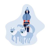 vrouw musher rijden hond slee team. gelukkig vrouw ritten schor team hond slee. vecgtor voorraad illustratie. vector