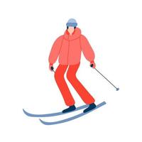 Mens skiën in bergen. vector Mens in rood sport ritten Aan ski's. vector voorraad illustratie.