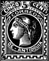 antioquia, Colombiaanse republiek cinco centavos stempel, 1883, wijnoogst illustratie vector