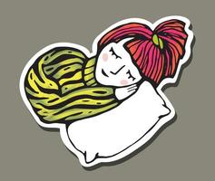 een meisje in een trui slaapt Aan een kussen. schattig hand- getrokken sticker illustratie. vector