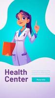 Gezondheid centrum poster met vrouw dokter vector