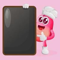 schattig roze monster Holding menu zwart bord, menu bord, teken bord vector