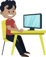 jongen is op zoek Bij computer scherm, illustratie, vector Aan wit achtergrond.