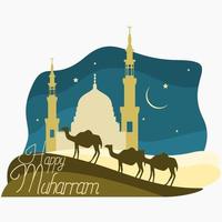 bewerkbare vector van kamelen caravan en moskee silhouet Aan woestijn illustratie voor Muharram hijri nieuw jaar of Islamitisch heilig festival ontwerp concept