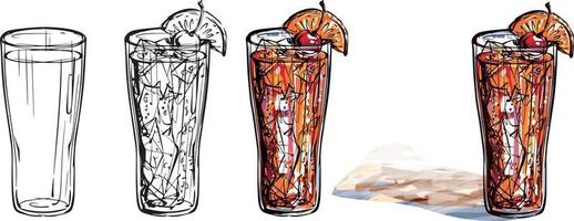 cocktail glas set. zwart en wit en kleur vector tekening. voor kleuren en illustratie.