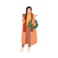 gelukkig vrouw buitenshuis in winter met koffie, draag- Kerstmis deur lauwerkrans. meisje met Kerstmis vakantie decoratie. vector illustratie geïsoleerd Aan wit achtergrond