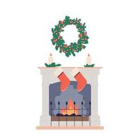 Kerstmis haard geïsoleerd Aan wit achtergrond. Kerstmis decoraties, kaarsen en sokken. vector illustratie