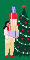 meisje Holding stapel van Kerstmis geschenk dozen staand naast een versierd Kerstmis boom. vector