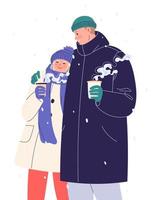 gelukkig jong paar wandelen in winter en drinken koffie vector