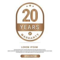 20 jaar garantie vector kunst illustratie in goud kleur met fantastisch doopvont en wit achtergrond. eps10 vector