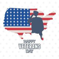 gelukkige veteranendag. soldaat silhouet op Amerikaanse kaart vector