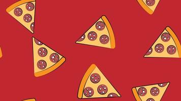 plak van pizza Aan dun deeg, Aan een rood achtergrond, vector illustratie, patroon. pizza gevuld met vlees en kruiden, kaas. ontwerp en decor van keuken, behang, snel voedsel en catering