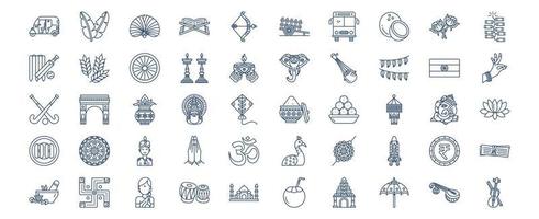 verzameling van pictogrammen verwant naar Indië land en cultuur, inclusief pictogrammen Leuk vinden banaan blad, kokosnoot, hoer, olifant en meer. vector illustraties, pixel perfect reeks