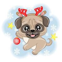 schattig hond mopshond in rendier kostuum Kerstmis vector illustratie