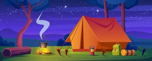 zomer kamp met vreugdevuur en tent Bij nacht vector