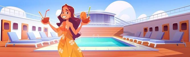 vrouw met cocktails Aan reis schip dek met zwembad vector