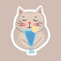 schattig zomer sticker, de kat is drinken een cocktail. kinderen tekening illustratie in Scandinavisch stijl. vector