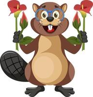 bever met bloemen, illustratie, vector Aan wit achtergrond.