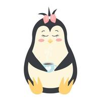 schattig pinguïn meisje in een boog met heet koffie mok. antarctisch vogel, tekenfilm karakter geïsoleerd Aan wit achtergrond. vector