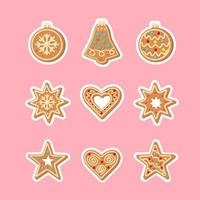 Kerstmis peperkoek sticker set. nieuw jaar decoratief geglazuurd koekjes zo net zo ballen, klok, sneeuwvlokken, harten en sterren. vector