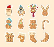 Kerstmis peperkoek stickers. nieuw jaar decoratief geglazuurd koekjes zo net zo konijn, de kerstman claus, beer, pinguïn, hert, sneeuwman, sok, want, maan, geschenk doos en snoep riet. vector