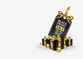 zwart vrijdag uitverkoop prijs label met goud lint en cadeaus doos wit achtergrond vector ontwerp