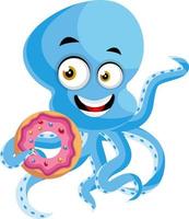 Octopus met donut, illustratie, vector Aan wit achtergrond.