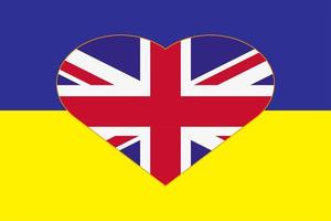 hart geschilderd in de kleuren van de vlag van Super goed Brittannië Aan de vlag van Oekraïne. vector illustratie van een hart met de nationaal symbool van Super goed Brittannië Aan een blauw Geel achtergrond.