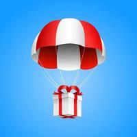 geschenk doos luchtdruppel. geschenk doos drijvend in de lucht met een parachute. wit geschenk doos. vector illustratie.