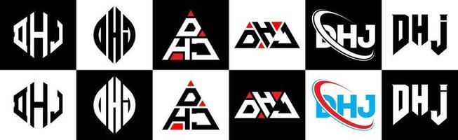 dhjo brief logo ontwerp in zes stijl. dhjo veelhoek, cirkel, driehoek, zeshoek, vlak en gemakkelijk stijl met zwart en wit kleur variatie brief logo reeks in een tekengebied. dhjo minimalistische en klassiek logo vector