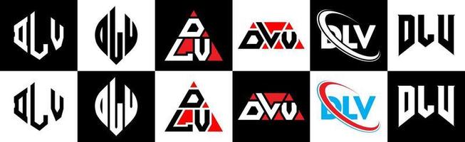 dlv brief logo ontwerp in zes stijl. dlv veelhoek, cirkel, driehoek, zeshoek, vlak en gemakkelijk stijl met zwart en wit kleur variatie brief logo reeks in een tekengebied. dlv minimalistische en klassiek logo vector