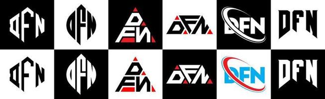 dfn brief logo ontwerp in zes stijl. dfn veelhoek, cirkel, driehoek, zeshoek, vlak en gemakkelijk stijl met zwart en wit kleur variatie brief logo reeks in een tekengebied. dfn minimalistische en klassiek logo vector