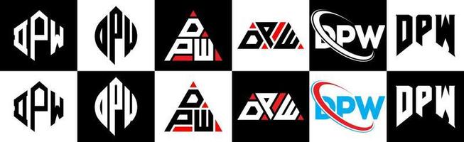 dpw brief logo ontwerp in zes stijl. dpw veelhoek, cirkel, driehoek, zeshoek, vlak en gemakkelijk stijl met zwart en wit kleur variatie brief logo reeks in een tekengebied. dpw minimalistische en klassiek logo vector