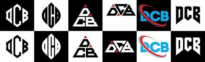 dcb brief logo ontwerp in zes stijl. dcb veelhoek, cirkel, driehoek, zeshoek, vlak en gemakkelijk stijl met zwart en wit kleur variatie brief logo reeks in een tekengebied. dcb minimalistische en klassiek logo vector