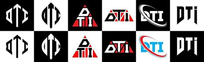 dti brief logo ontwerp in zes stijl. dti veelhoek, cirkel, driehoek, zeshoek, vlak en gemakkelijk stijl met zwart en wit kleur variatie brief logo reeks in een tekengebied. dti minimalistische en klassiek logo vector