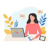 online onderwijs. de meisje is zittend Bij een laptop en aan het studeren online. schrijft een overzicht. dichtbij leugens een elektronisch tablet. planten in de achtergrond. kleuren - roze, geel, blauw vector
