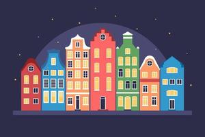 vlak ontwerp stedelijk landschap Bij nacht. kleurrijk huizen Aan donker achtergrond. straat van Amsterdam vector